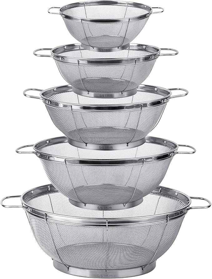 5 Pack 18/8 Stainless Steel Colander Sieves, Multi Size Mesh Strainer Net Baskets with Handles & Resting Base for Strain, Drain, Rinse or Steam