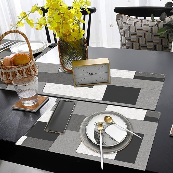 ArtSocket Geometric Table Runner and Placemats Set of 6, White Black Grey Abstract Painting Art Dining Decor for Daily Use(1 Table Runner 72 inches Long and 6 Placemats)
