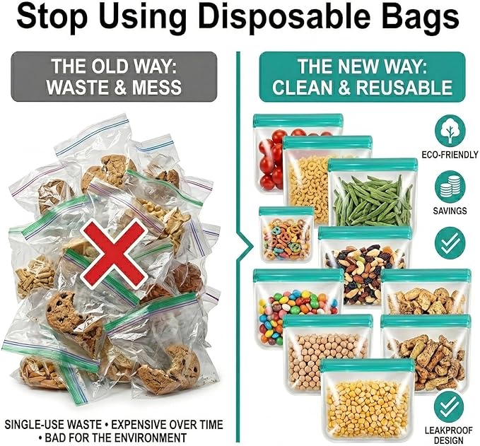10 Pack Reusable Silicone Food Storage Bags - Leakproof Freezer Bags for Sandwich & Snack - BPA Free, Dishwasher Safe Eco-friendly Lunch Bags for Marinating Meat, Fruit, Travel | 8.6"W × 5.3"H
