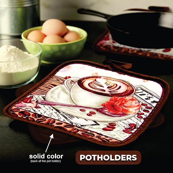 Lobyn Value Packs: Café Latte5 Piece Kitchen Towel Set with 2 Decorative Dish Towels (25 X15), 1 Oven Mitt (11 X 7) and 2 Potholders (6.5 X 6.5) Perfect for Coffee Lovers