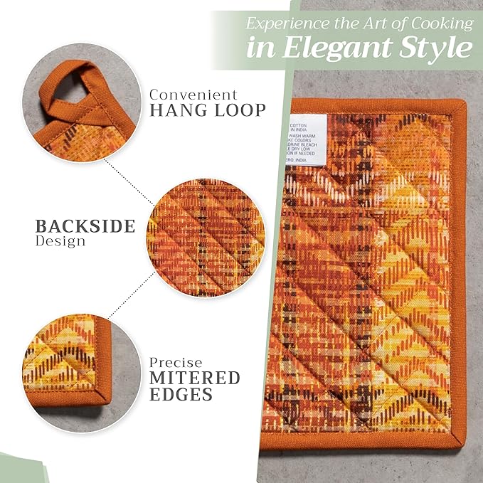 Maison d' Hermine Pot Holders Set 100% Cotton Heat Resistant Potholders 8" x 8" Hot Pads with Loop for Thanksgiving Christmas Decorations Baking Handling Hot Pans (Pack of 2, Thanksgiving Tartan)