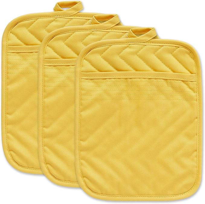 DII Heat Resistant Quilted Cotton Pot Holder Set, Designed with Space to Personalize Allowing a Customized Design, 7x9, Yellow, 3 Count
