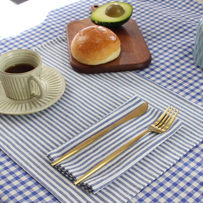Plain Striped Cotton Linen Blended Dinner Cloth Napkins - Set of 12 (40 x 30 cm) - for Events & Home Use (Blue)