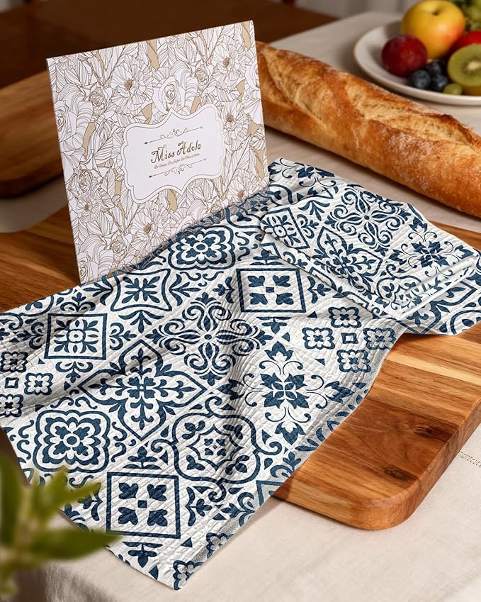 Miss Adola Cotton Waffle Kitchen Towels – Cute 370 GSM 16x25 Inch Terry Cloth Waffle Decorative Dishcloth for Kitchen Set of 2 with Hanging Loop Absorbent Hand Tea Towel for Home Design, Block Print