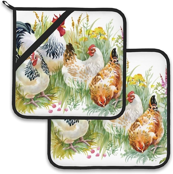 Chicken Rooster Farm Pot Holder Set of 2,Heat Resistant Potholders Oven Hot Pads for Kitchen Cooking Baking BBQ
