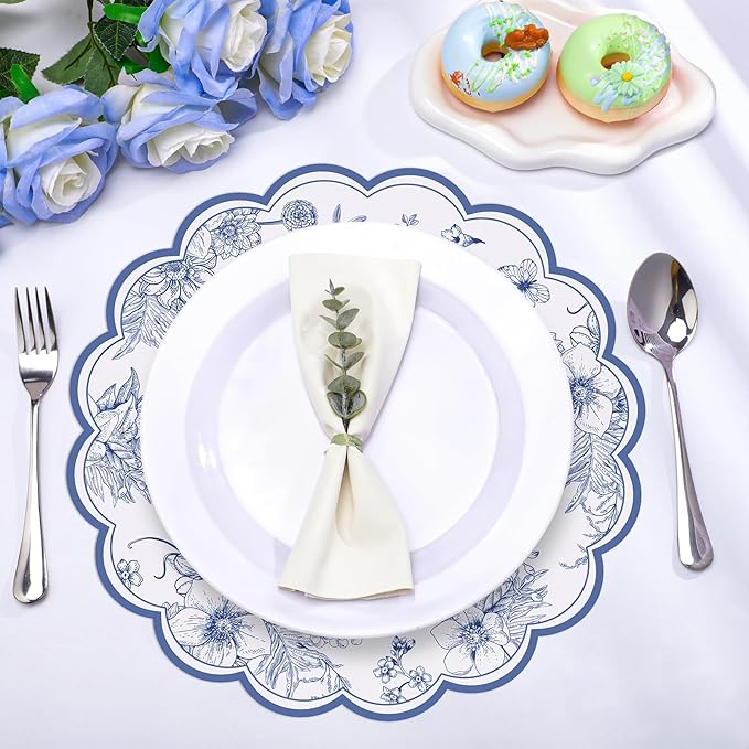 60 Pcs Blue Floral Paper Placemats, 13.5 Inch Disposable Scalloped Table Mats Wedding Placemats, Vintage Floral Banquet Place Mats for Mother's Day Table Setting Baby Shower Wedding Bridal Tea Party