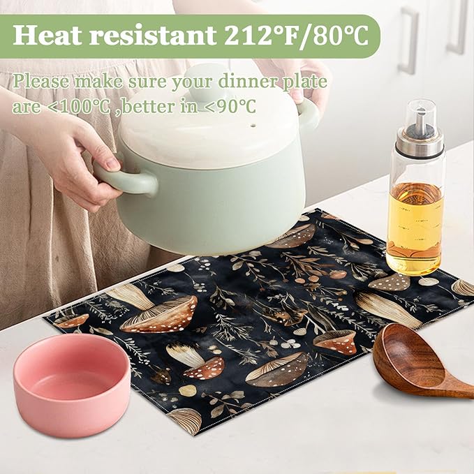 Watercolor Mushroom Placemats Set of 6, Washable Heat Resistant Table Mat Linen Place Mats for Party Kitchen Dining Home Decor 12x18 Inch