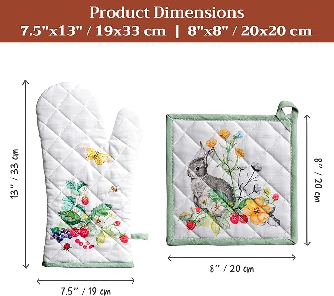 Maison d' Hermine 100% Cotton Oven Mitt & Pot Holder Set (7.5"x13" & 8"x8") Heat Resistant BBQ Cooking Gloves with Loop Baking Grilling Kitchen Gifts for Mothers Day Spring/Summer (Printemps)