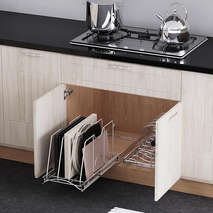 Pull Out Cookie Sheet Organizer for Cabinet, Pan and Pot Rack, Cutting Board Organizer Rack, Baking Tray Organizer for Cabinet, Adjustable Divider Width, 11" W x 22" D x 11.8" H, Chrome