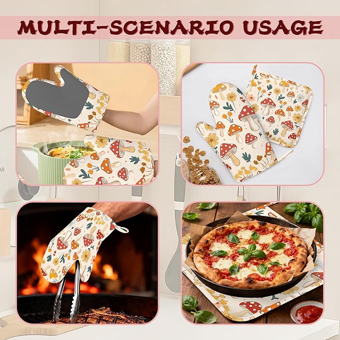 Retro Mushroom Daisy Flowers Silicone Oven Mitts and Pot Holders,Heat-Resistant 4 Piece Kitchen Set Non-Slip Oven Gloves and Hot Pads for Cooking, Baking, Grilling,BBQ
