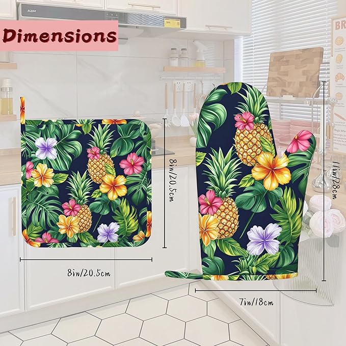 Pineapple Heat-Resistant Silicone Oven Mitts and Pot Holders,Hawaiian Tropical Palm Leave Flower Long Oven Gloves with Non-Slip Grip for Cooking, Baking, Grilling,BBQ