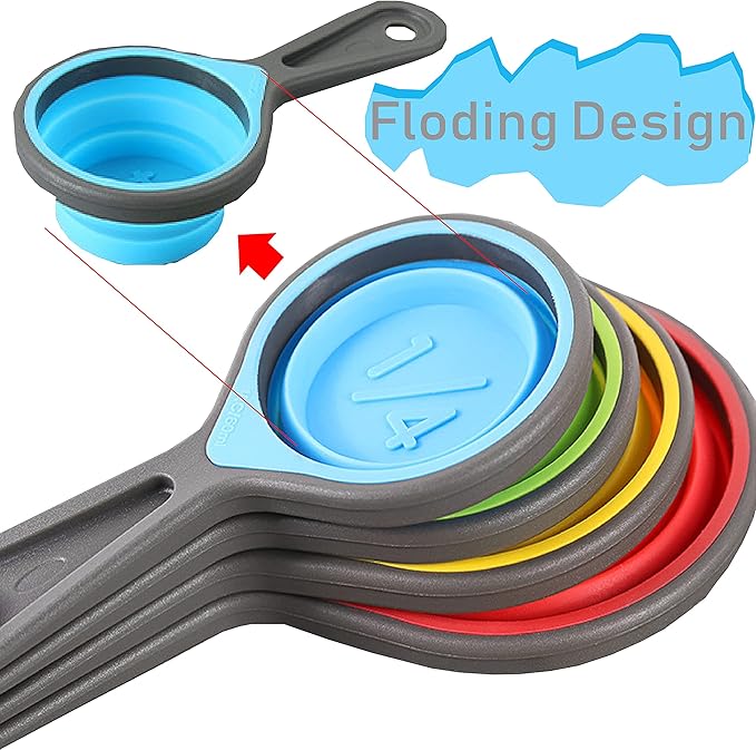 Collapsible Silicone Soft Measuring Cups and Measuring Spoons,8 pieces Portable Food Grade Silicone Cup for Liquid & Dry Measuring Baking &Utensils & Travel Measuring Cup，space saver (Pink)