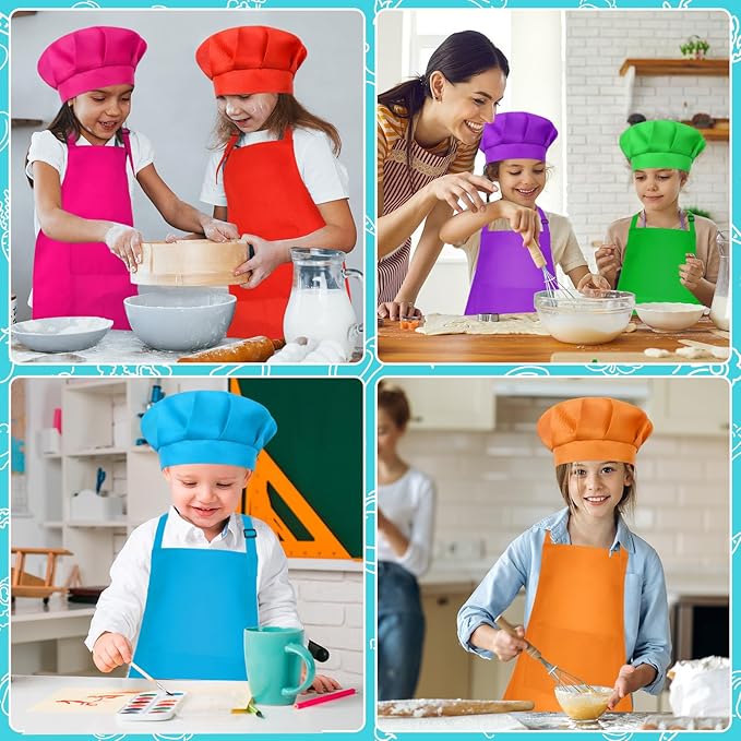 Kids Apron and Chef Hat Set Children Apron Adjustable with 2 Pockets Children Chef Painting for Cooking Baking