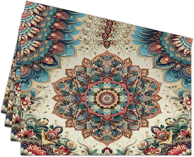 Cotton Linen Waterproof Placemats Set of 4, Boho Ethnic Style Dining Mat Table Mats Decor Fabric for Kitchen Dinner Coffee Shop Table, Indoor/Outdoor Washable Wipeable Placemat -N019