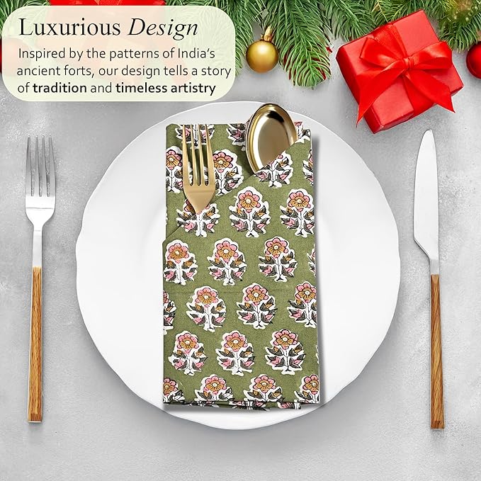 CPC Jade Green Indian Block Print Cotton Cloth Napkins Set of 4, 18x18 Reusable Everyday Napkins, Soft, Absorbent, Floral Dinner Napkin, Holiday, Party Gift, Spring,Mother's Day