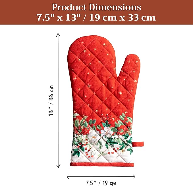 Maison d' Hermine Oven Gloves 100% Cotton Oven Mitt 7" x 13" with Loop Heat Resistant BBQ Cooking Gloves for Thanksgiving Christmas Decorations Baking Handling Hot Pans (Pack of 1, Noel)