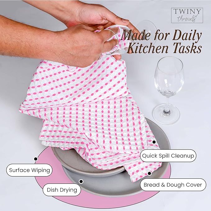 TWINY threads Multicolors White Waffle Towels 4 Pack, 16x26 Inches Absorbent Waffle Weave Kitchen Dish Cloth Set, Soft, Durable & Machine Washable Tea Towel, Rose Pink, Aqua Blue, Lavender, Green