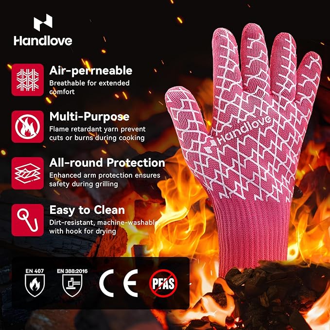 HandLove Aramid Heat Resistant BBQ Gloves – Grilling & Oven Gloves with Fingers, Silicone Grip & Long Cuffs for Cooking, Baking, and Outdoor Barbecue – Pink, Small