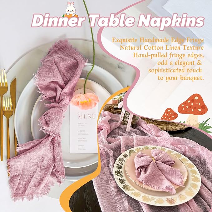 Showgeous 30 Pack Dusty Rose Cloth Napkins with Fringe 16x16 inch 100% Cotton Napkins Handmade Dinner Napkins Bulk Washable Soft Rustic Table Napkins for Wedding Parties Bridal Baby Shower