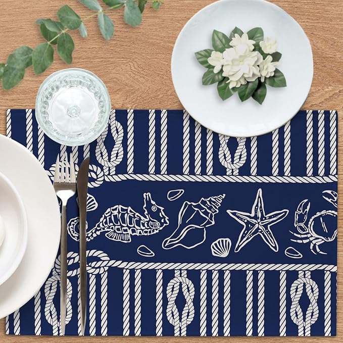 Navy Blue Nautical Placemats Set of 4, Coastal Ropes Starfish Crab Seahorse Sea Shell Conch Dining Place Mats Table Decor, Ocean Marine Life Lake Beach House Home Kitchen Decoration 12''x18''