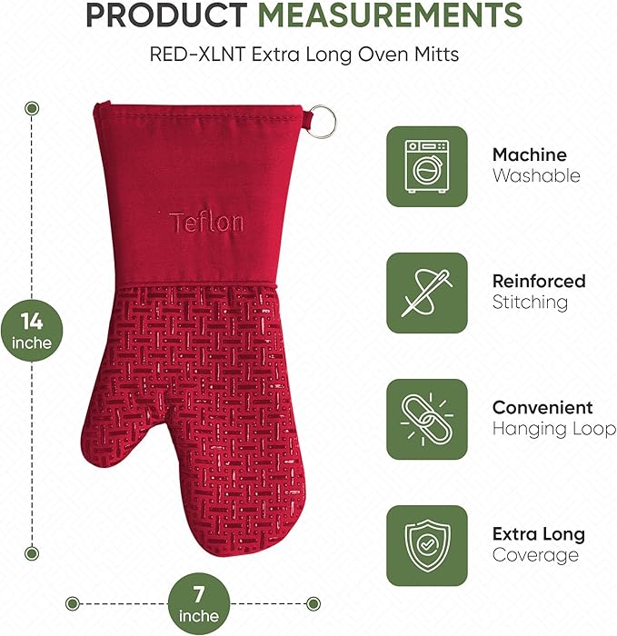 Xlnt Extra Long Oven Mitts (Red) | Teflon EcoElite Water Repellent | Heat Resistant for Oven Cooking, Grill & BBQ | Non Slip Gloves with Teflon EcoElite Finish, Cotton Lining & Hanging Loop