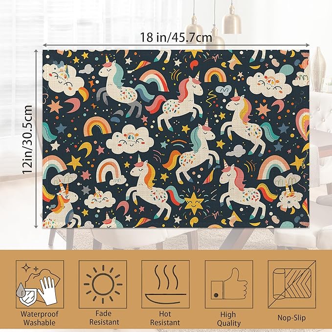 6 Pcs Placemats,Cute Unicorn Placemats,Color Rainbow Table Mats Washable Recyclable Table Placemat for Indoor Outdoor Heat Resistant Kitchen Dining 12"x18"