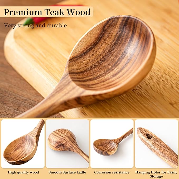 Gudamaye Wooden Soup Ladles, Natural Teak Wooden Spoons, 13 inch Big Deep Ladle for Cooking, Wood Kitchen Utensils Set