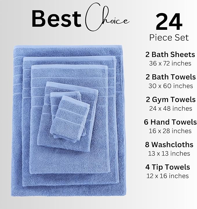 Casa Platino 100% Cotton Bathroom Towels Set – 24 Pc Family Pack – Soft & Absorbent, Ring Spun, Quick Dry Towels, 2 Bath Sheets, 2 Gym, 2 Bath, 4 Fingertip, 6 Hand, 8 Washcloths – Cerulean Blue