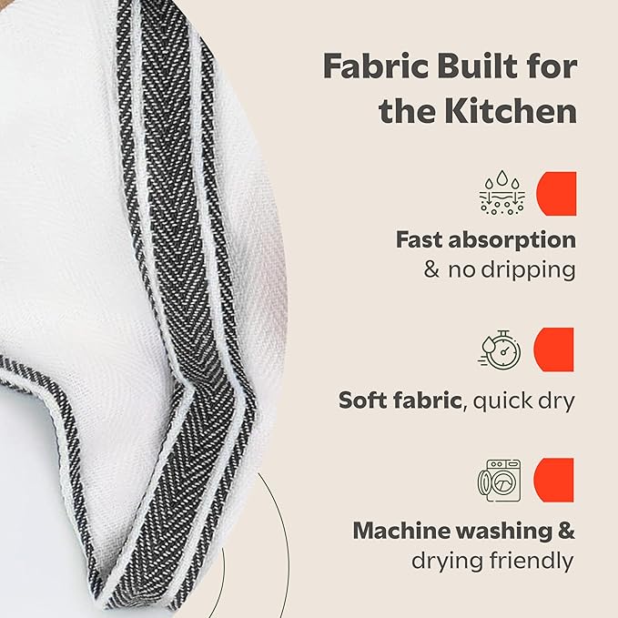 Zeppoli Classic Kitchen Towels - 15 Pack 100% Natural Cotton Kitchen Towel Set, Reusable Wash Cloths, Absorbent Dish Towels, Machine Washable Hand Towels, Kitchen Essentials, 14” x 25”, Black Striped