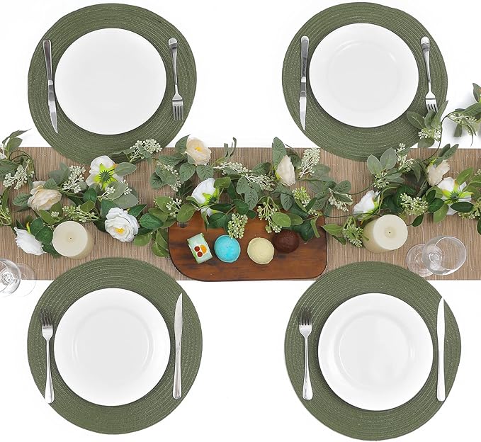 SHACOS Round Placemats Set of 12 Washable 15 inch Round Table Mats Cotton Polyester Woven Braided Place Mats for Dining Table Wedding Party Decor (Olive Green, 12)
