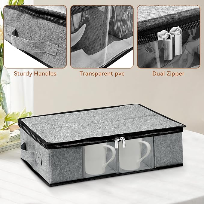 China Cup and Mug Storage Container, 12 Compartments Mug Storage Box with Hard Shell and Dividers Foldable Dustproof China Containers for Protection and Moving Coffee, Tea Cups and Glasses - Gray