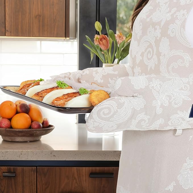 Encasa XO Oven Gloves Heat Resistant | Microwave Cooking Mittens for Baking & Kitchen Use | 12x7 in | Cotton Utensil Holder - Chambray Fabric (Pack of 2, Beige)