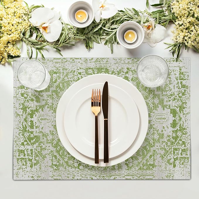 Gray Lime Green Boho Placemats Set of 4 Ethnic Bohemian Carpet Place Mats Washable Kitchen Dining Vintage Grey Geography Floral Linen Table Mats Stain Heat-Resistant for Home Party Indoor 12x18 in