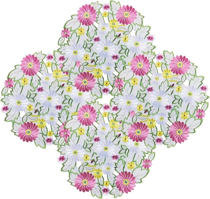 AMARED Spring Daisy Placemats Set of 4 Embroidered Flowery Applique Floral Cutwork Table Mats for Home Decoration (Round 14 Inch)