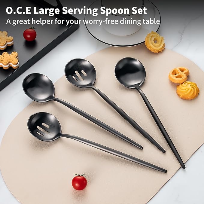 4 Piece Serving Spoons Set(2 Spoons and 2 Slotted Spoons),O.C.E. Stainless Steel Buffet Serving Utensils,10.3 Inches,Premium Flatware,Matte Black