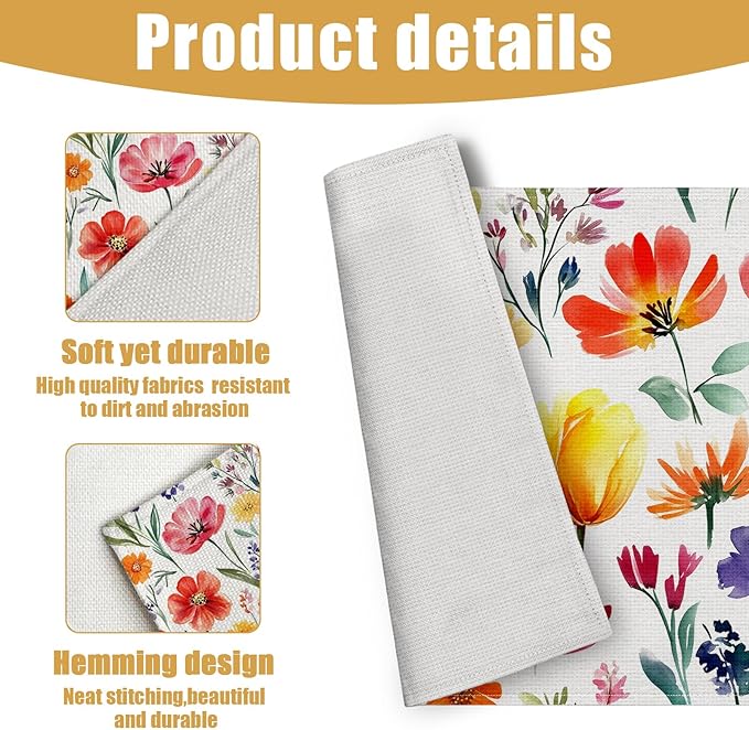 Red Flower Placemats Set of 6, Spring Summer Floral Linen Place Mat Washable Stain Resistant Table Mats for Farmhouse Kitchen Dining Party Wedding Decor 12x18 Inch