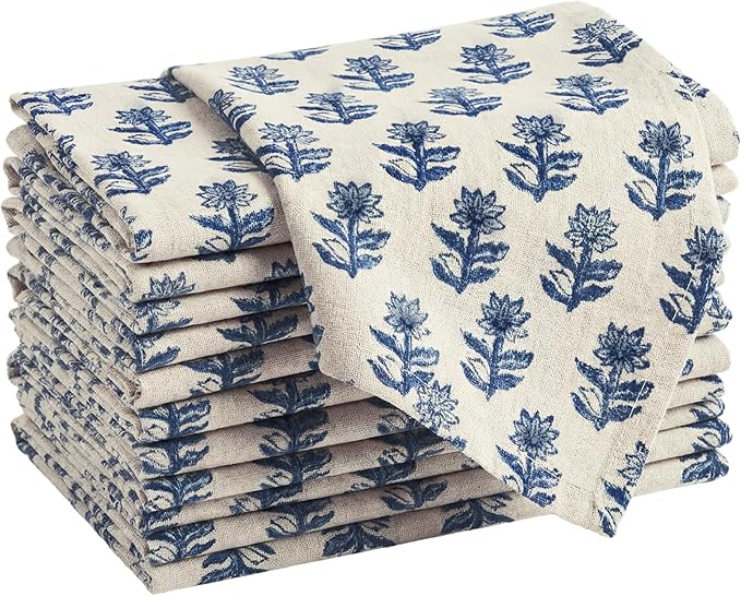 Mindsoft Set of 12 Floral Cloth Napkins Linen Cloth Napkins Spring Flower Wildflowers Dinner Napkin 18 x 18 Inch Vintage Washable Reusable for Dinner Home Restaurant Wedding Decor(Blue,12 Pcs)