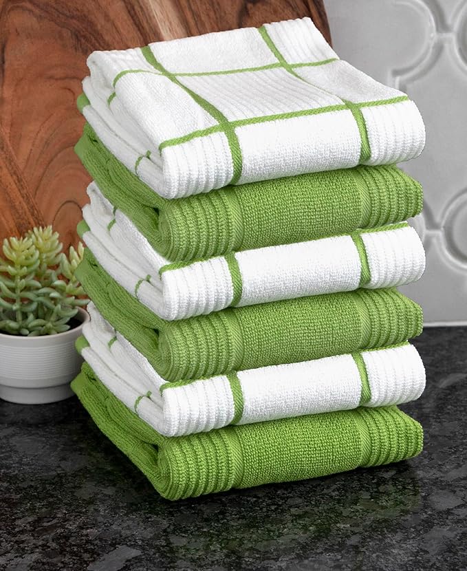 T-Fal Solid & Checked Parquet Kitchen Towels: Highly Absorbent, Super Soft Long Lasting - 100% Cotton, 16"x26" Dish Towels for Cleaning & Drying Dishes, Pans, Glassware, Countertops, 6-Pack, Green