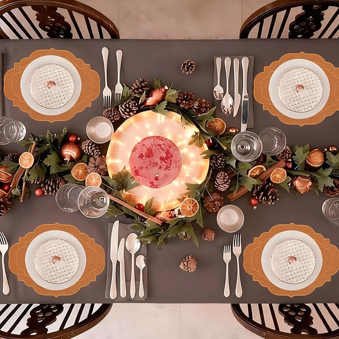 Cotton Linen Oval Placemats Set of 4, HADEEONG Table Mats Cloth Placemats, Washable Wrinkle Resistance, Scalloped & Embroidered Fabric Placemats, 17.71 x 13.77inch (Orange, 4)