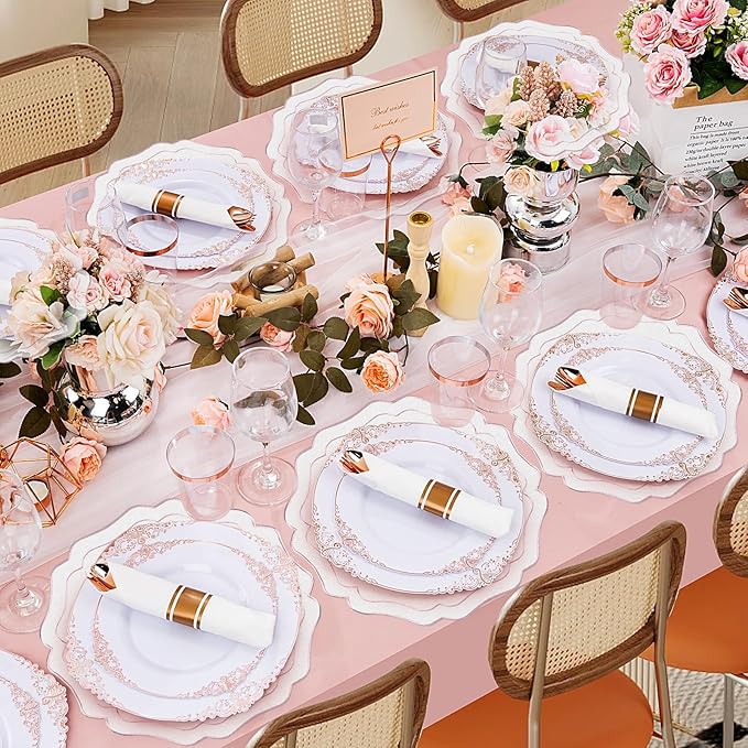 8 Sets Ribbon Twirl Cotton Linen Placemats, 15 inch Embroidery Round Cloth Table Mats with Pink Scalloped Edge Washable Fabric Place Mats Flower Shape for Wedding Baby Shower Party Table Decor