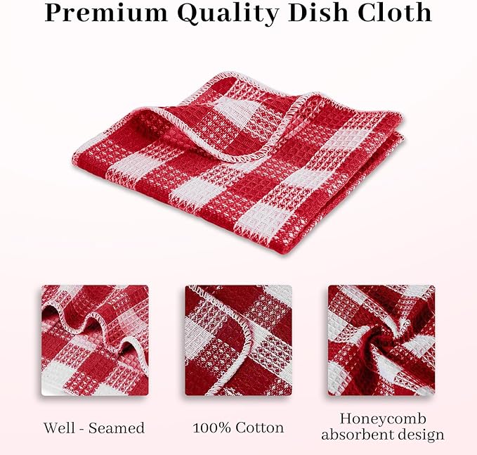 Blue Needles Set of 8 Waffle Weave Check Plaid Dish Cloths, 12x12 Inches 100% Cotton Dish Towels for Kitchen, Ultra Soft & Absorbent Kitchen Towels for Quick Drying Spring Summer - Burgundy & White