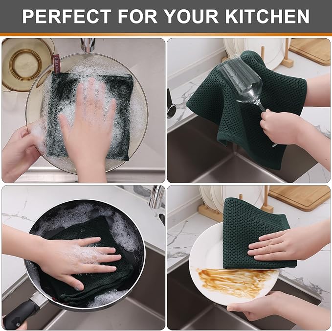 Kitinjoy 100% Cotton Kitchen Dish Cloths (12 X 12 Inches, Blackish Green), 6 Pack Waffle Weave Ultra Soft Absorbent Dish Towels for Drying Dishes Quick Drying Kitchen Towels Dish Rags