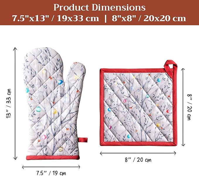 Maison d' Hermine 100% Cotton Oven Mitt & Pot Holder Set (7.5"x13" & 8"x8") Heat Resistant BBQ Cooking Gloves with Loop for Thanksgiving Christmas Decorations Handling Hot Pans (Fairy Christmas)