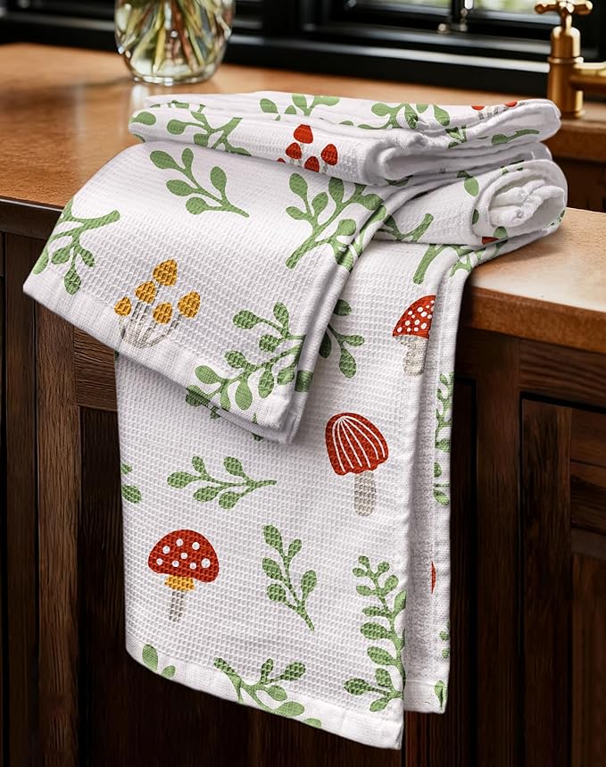 Miss Adola 2pcs Waffle Kitchen Towels - 16x26 Inch Cotton Waffle Weave Dish Cloths Set of 2 with Hanging Loop Absorbent Hand Tea Towels Cute Design for Housewarming Gift, Mushroom