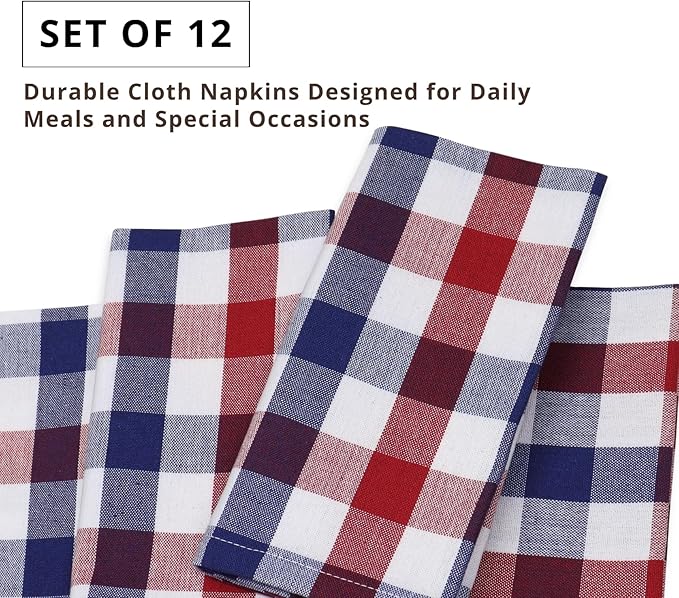 PurpleEssences 4th of July Buffalo Plaid Cloth Napkins - Mitered Corners - Summer - Gingham Check Dinner Napkin - Set of 12-100% Cotton - 18x18 Inch - Reusable Washable - Red White Blue