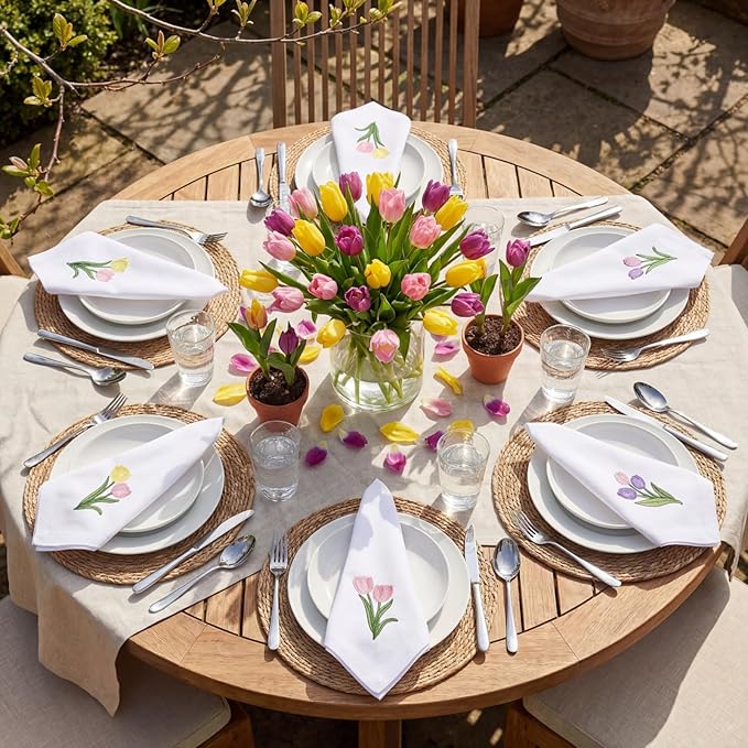 HunnmingRe 12 Pcs Spring Floral Cloth Napkins 100% Cotton Pink Tulip Dinner Tea Party Napkins Embroidered Handtowel Country French Reusable Washable for Dinner Kitchen Weddings Cocktail 17x17inch