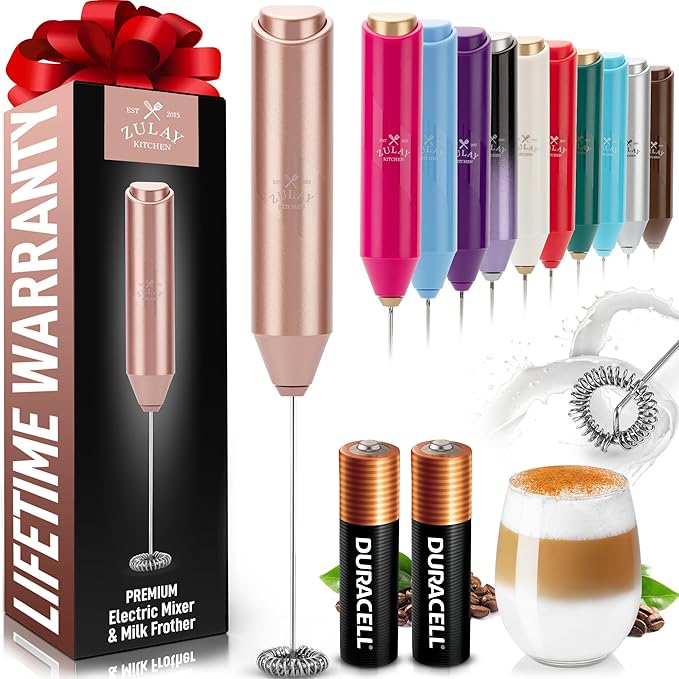 Zulay Kitchen Powerful Milk Frother AA Batteries Included – Ultra Fast Handheld Drink Mixer with Stainless Steel Whisk Stirrer for Coffee, Protein, Matcha & More, Frother Wand Electric Frothmate