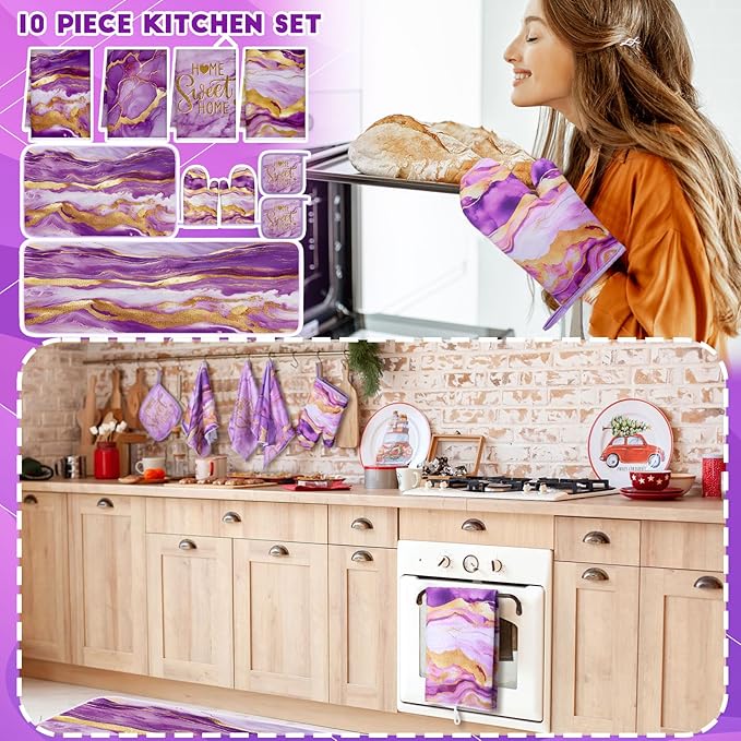 Fourluoo 10 Pcs Kitchen Dish Towels Rugs Oven Mitts and Pot Holders Kit Farmhouse Kitchen Decor Set Gloves Vintage Potholders for Baking Cooking Chef(Purple,Modern)