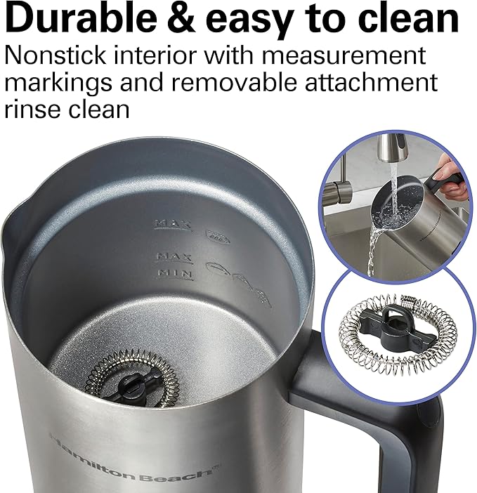 Hamilton Beach Electric Milk Frother & Warmer, Automatic Warm or Cold Foam, 5-10 oz., Create Café-Quality Coffee, Latte, Cappuccino, Frappe, Hot Chocolate, 4 Settings, Stainless Steel (43565C)