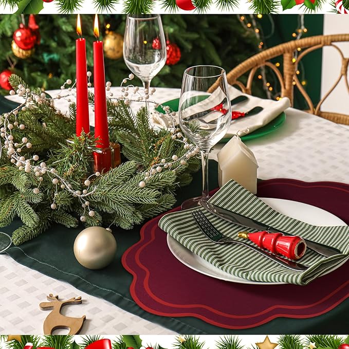 Breling 6 Pcs Wedding Placemats Scalloped Embroidered Cotton Linen Placemats 17" x 13" Double Layered Machine Washable Table Place Mat for Party Table Decor (Wine Red)